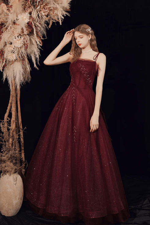 Wine Red Straps Tulle Beaded Long Prom Dress, Wine Red A-line Evening Dress