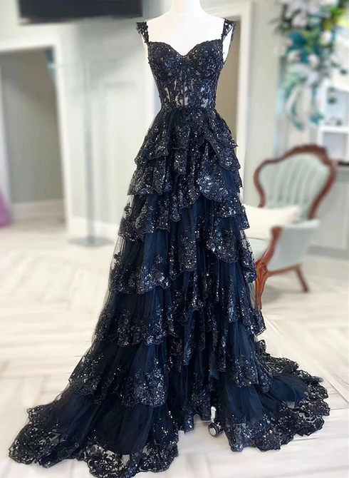 Navy Blue Tulle A-line Sweetheart Party Dress, Navy Blue Prom Dress Evening Dress