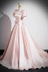 Pink Long Satin Short Sleeves Party Dress, Pink Satin Prom Dress Evening Dress