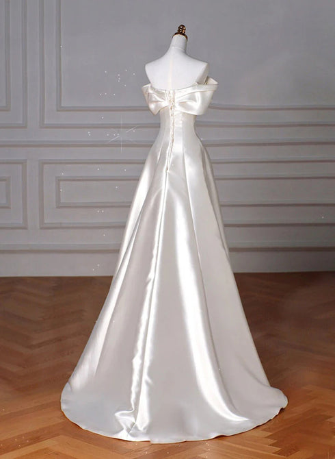 White Satin Off Shoulder A-line Long Party Dress, White Prom Dress
