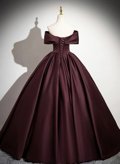 Maroon Off Shoulder Satin Long Party Dress, Satin Evening Dress Formal Dress