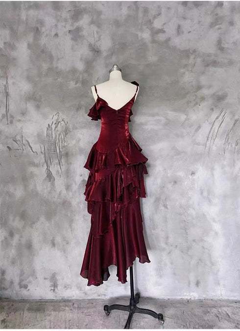 Wine Red High Low Straps Homecoming Dress Party Dress, Wine Red Prom Dress