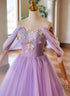 A-Line Light Purple Sweethart Lace Applique Party Dress, Purple Long Prom Dress