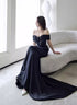 Black Off Shoulder Soft Satin Floor Length Party Dress, Black Satin Evening Dress