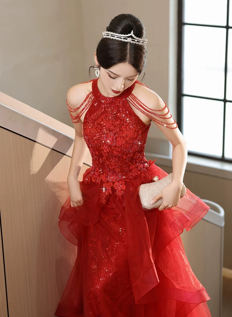 Chic Red Tulle Halter A-Line Long Evening Dress, Tulle Prom Dress Part –  BeautyDressy