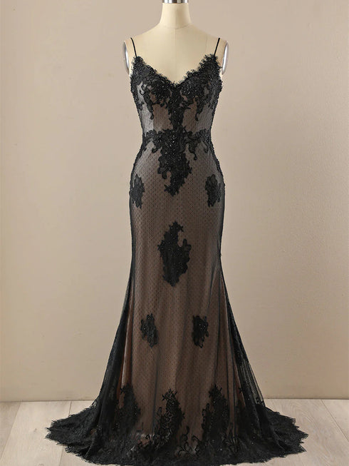 Black Mermaid V-neckline Straps Lace Party Dress, Black Mermaid Prom Dress