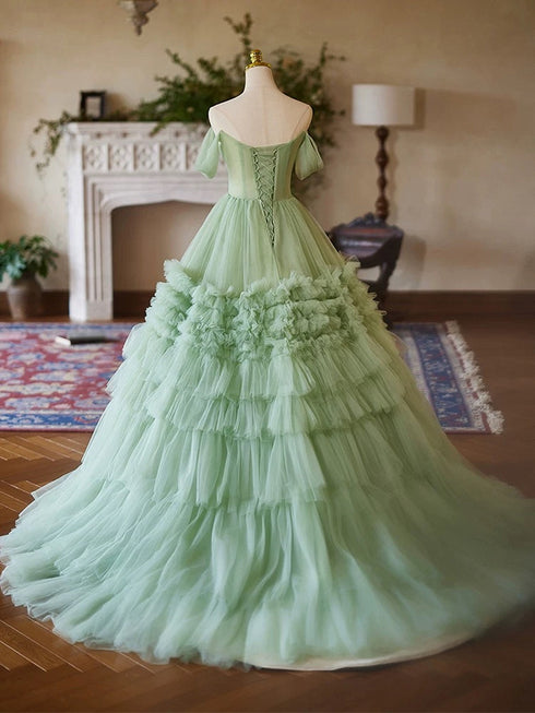 Green Tulle Sweetheart Long Formal Gown, Green Tulle Sweet 16 Dress