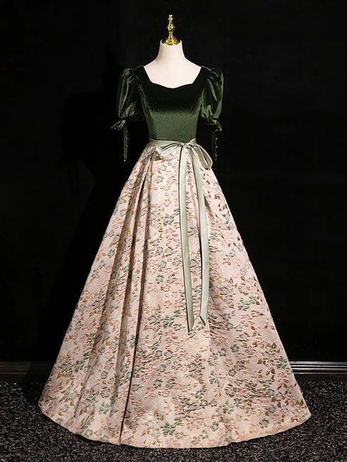 Green Velvet Floral Satin Long A-line Prom Dress, Green Evening Dress