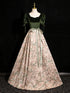 Green Velvet Floral Satin Long A-line Prom Dress, Green Evening Dress