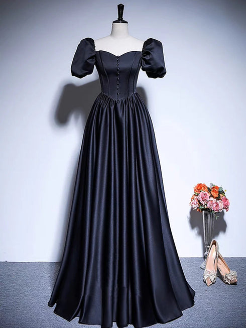 A-line Simple Satin Short Sleeves Prom Dress, Black Satin Party Dress Formal Dress