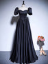 A-line Simple Satin Short Sleeves Prom Dress, Black Satin Party Dress Formal Dress