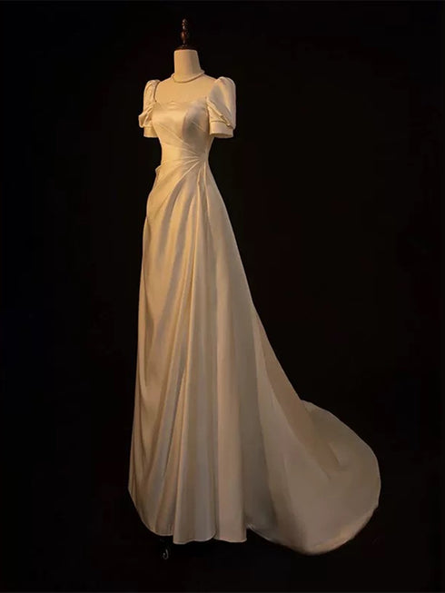 Ivory Satin A-line Simple Wedding Party Dress, Ivory Satin Prom Dress
