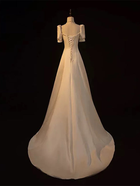 Ivory Satin A-line Simple Wedding Party Dress, Ivory Satin Prom Dress