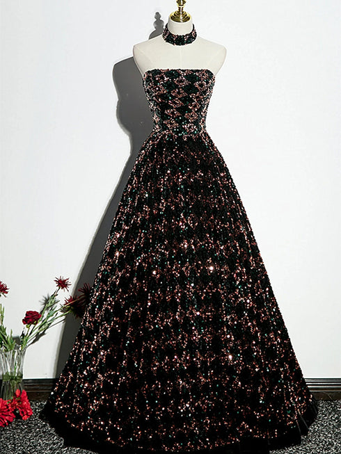 A-line Sequins Stylish A-Line Prom Dress, Shiny Strapless Evening Dress