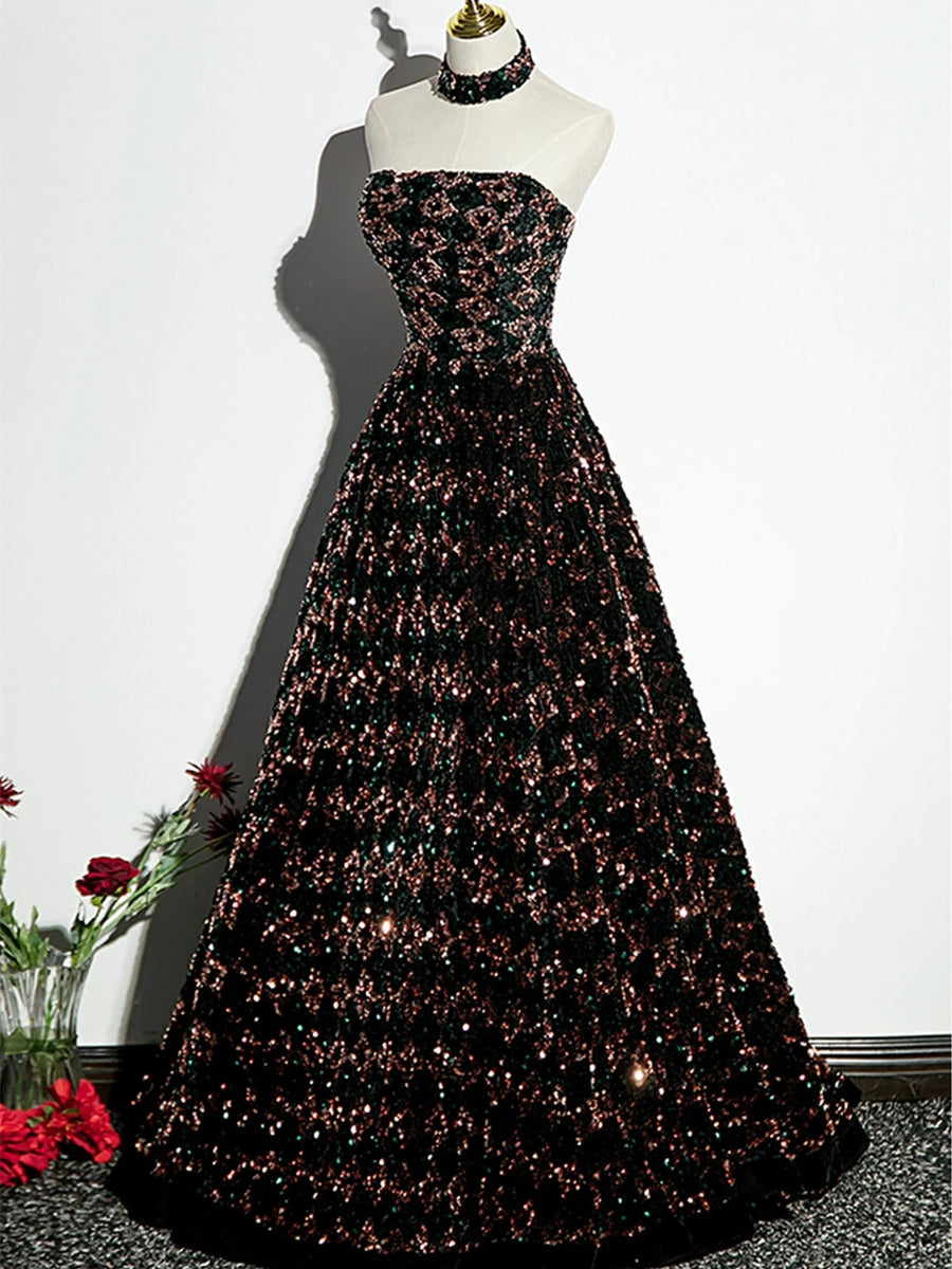 charming a-line strapless sleeveless sequined satin prom dress main image 1