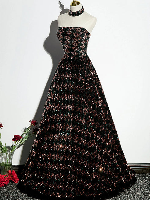 A-line Sequins Stylish A-Line Prom Dress, Shiny Strapless Evening Dress