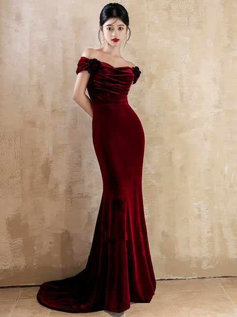 Wine Red Mermaid Off Shoulder Velvet Evening Dress, Wine Red Velvet Prom Dress
