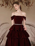 Lovely Wine Red Velvet Off Shoulder Party Dress, Wine Red Velvet Layers Prom Dress