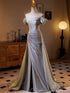 A-line Sliver Grey Off Shoulder Long Prom Dress, Sliver Grey Party Dress with Leg Slit