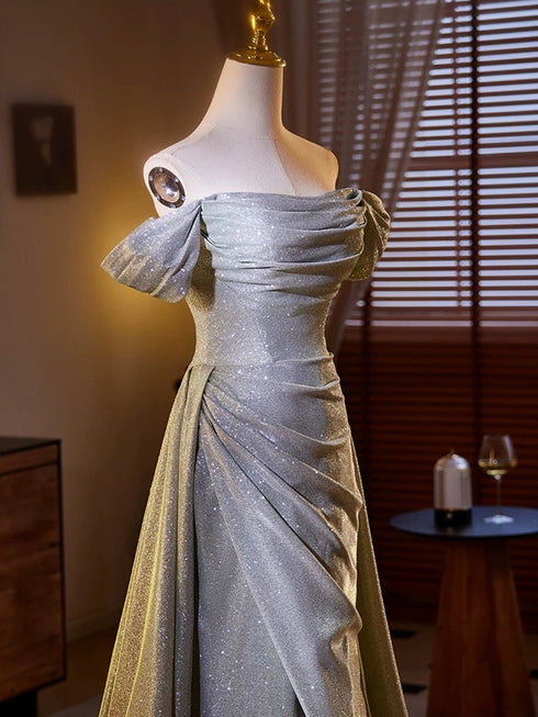 A-line Sliver Grey Off Shoulder Long Prom Dress, Sliver Grey Party Dress with Leg Slit