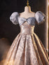 A-line Floral Satin Short Sleeves Long Prom Dress, Sweetheart Long Party Dress