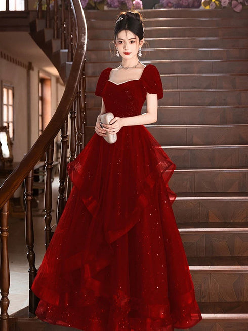 A-line Wine Red Short Sleeves Sweetheart Prom Dress, Wine Red Velvet Party Dress