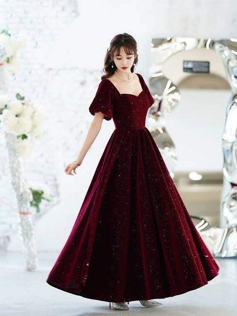 Wine Red Long Velvet Short Sleeves Party Dress, Wine Red Velvet Prom Dress