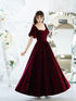 Wine Red Long Velvet Short Sleeves Party Dress, Wine Red Velvet Prom Dress