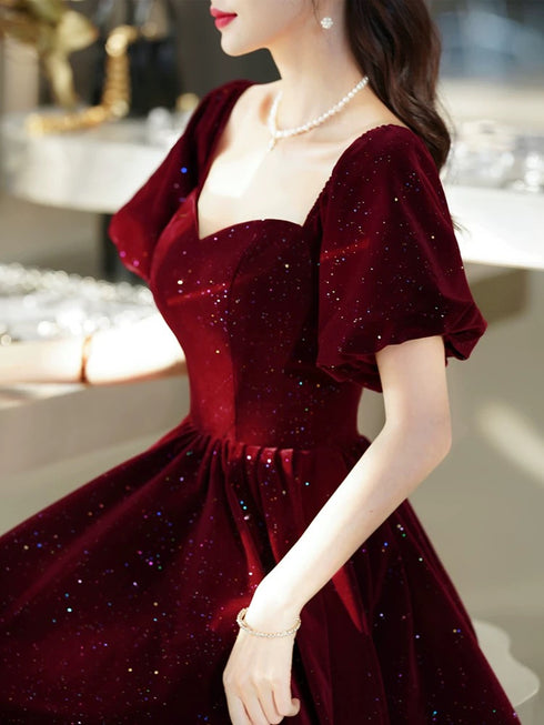 Wine Red Long Velvet Short Sleeves Party Dress, Wine Red Velvet Prom Dress