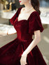 Wine Red Long Velvet Short Sleeves Party Dress, Wine Red Velvet Prom Dress