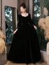 A-line Black Velvet Long Sleeves Simple Style Prom Dress, Black Velvet Party Dress