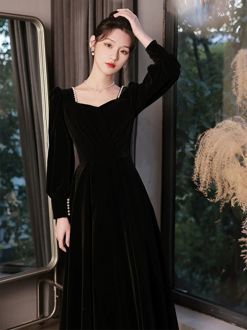 A-line Black Velvet Long Sleeves Simple Style Prom Dress, Black Velvet Party Dress