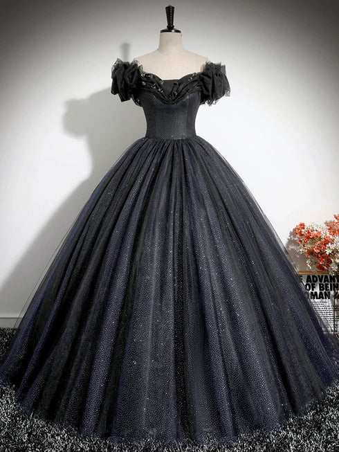Black Shiny Tulle Off Shoulder Floor Length Party Dress, Black Long Prom Dress