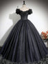 Black Shiny Tulle Off Shoulder Floor Length Party Dress, Black Long Prom Dress