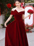 Wine Red Off Shoulder Velvet Long Party Dress, Wine Red Velvet Prom Dress