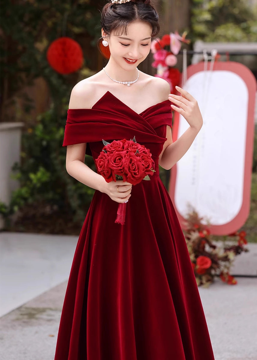 Wine Red Velvet A-line Off Shoulder Party Dress, Wine Red Velvet Long Prom Dress