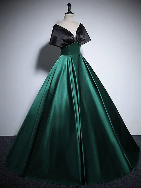 Black and Green Satin Off Shoulder Long Party Dress, Satin Simple Prom Dress