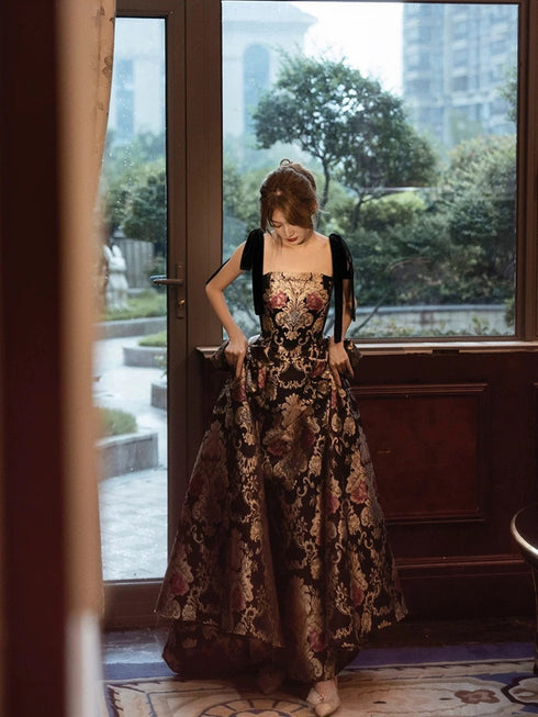 Chic A-Line Black Straps Floral Satin Party Dress, Black Prom Dress Evening Dress