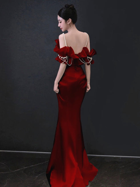 Wine Red Satin Mermaid Pearls Off Shoulder Party Dress, Wine Red Prom Dress