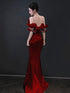Wine Red Satin Mermaid Pearls Off Shoulder Party Dress, Wine Red Prom Dress
