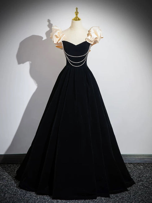 A-line Black Velvet Pearls Off Shoulder Party Dress, Black Velvet Prom Dress