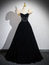 A-line Black Velvet Pearls Off Shoulder Party Dress, Black Velvet Prom Dress