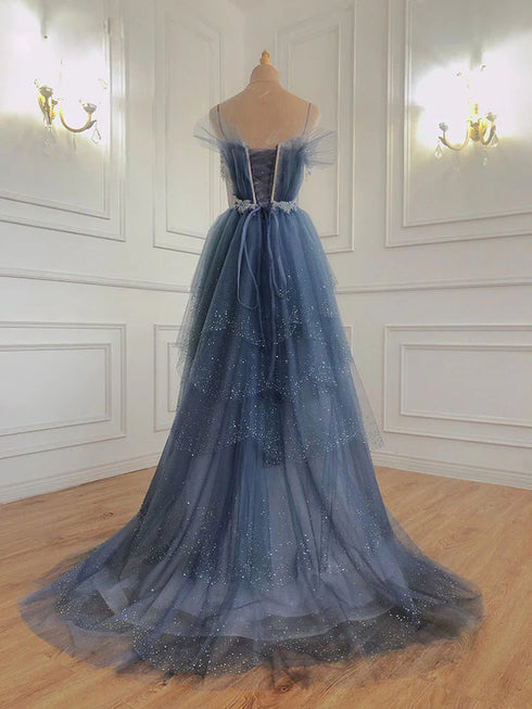 Dark Blue Beaded Straps Low Back Tulle Prom Dress, Blue A-line Party Dress