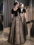 A-line Black Tulle and Velvet Floor Length Party Dress, Short Sleeves Black Prom Dress