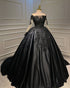 Black Satin Ball Gown Long Sleeves Sweet 16 Dress, Black Satin Lace Applique Prom Dress
