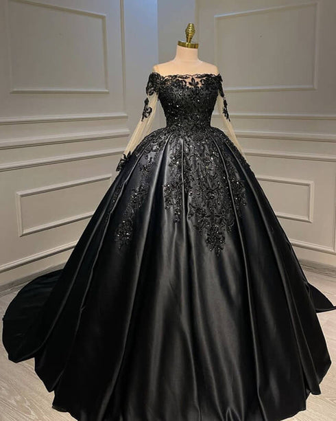 Black Satin Ball Gown Long Sleeves Sweet 16 Dress, Black Satin Lace Applique Prom Dress