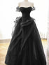 Black A-line Off Shoulder Tulle with Lace Applique Party Dress, Black Prom Dress