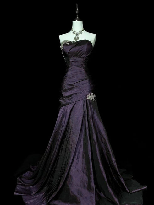 Purple Taffeta Mermaid Sweetheart Long Evening Dress, Purple Taffeta Strapless Prom Dress
