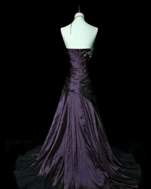 Purple Taffeta Mermaid Sweetheart Long Evening Dress, Purple Taffeta Strapless Prom Dress