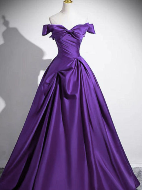 Purple Satin Off Shoulder Sweetheart Floor Length Prom Dress, Purple Satin Evening Dress